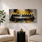 A dramatic panoramic interpretation of the Last Supper showing Jesus seated at the center with his apostles along a long table, rendered in a monochrome palette with striking gold accents and a radiant glowing aura behind Christ, creating a powerful and modern spiritual composition.