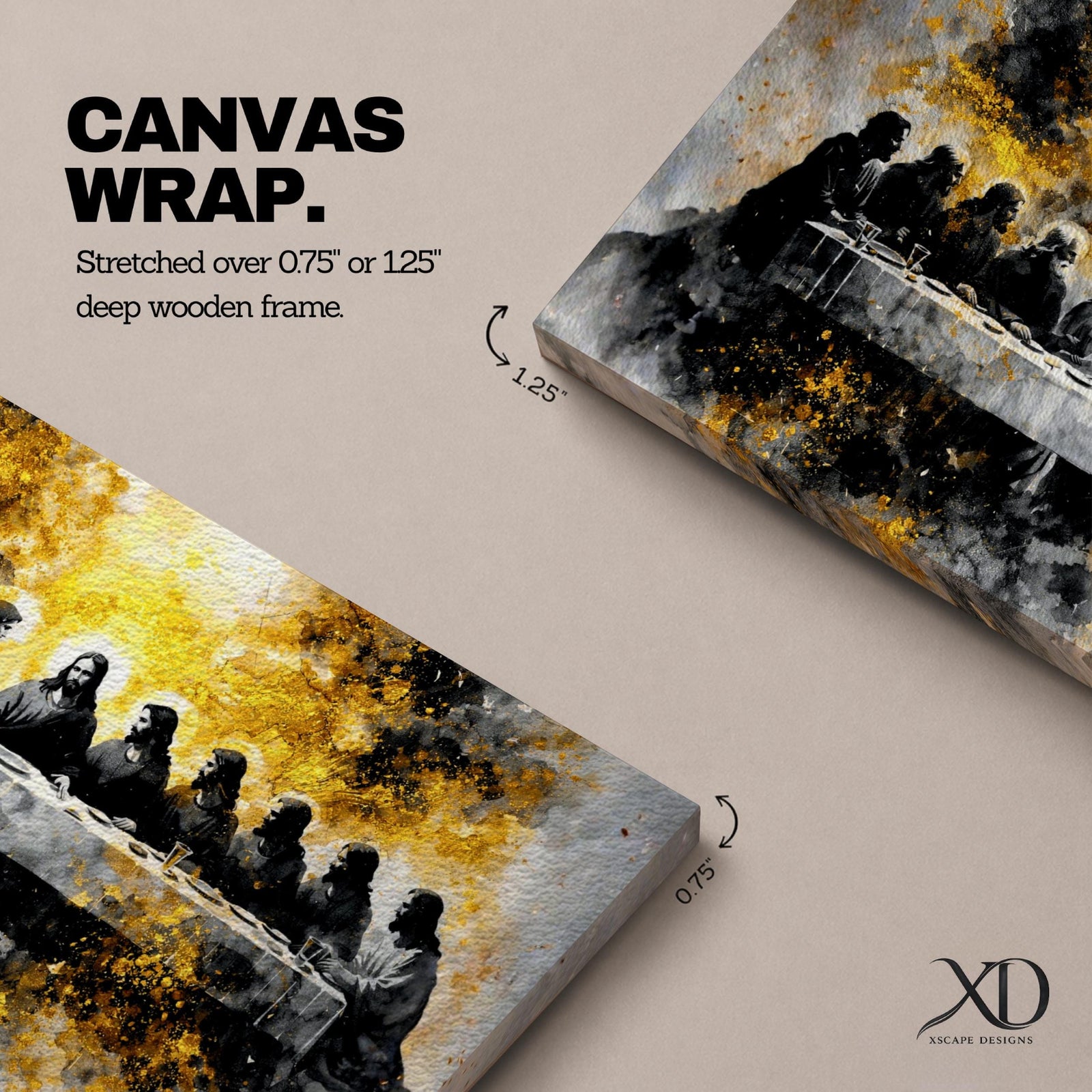 A dramatic panoramic interpretation of the Last Supper showing Jesus seated at the center with his apostles along a long table, rendered in a monochrome palette with striking gold accents and a radiant glowing aura behind Christ, creating a powerful and modern spiritual composition.