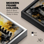A dramatic panoramic interpretation of the Last Supper showing Jesus seated at the center with his apostles along a long table, rendered in a monochrome palette with striking gold accents and a radiant glowing aura behind Christ, creating a powerful and modern spiritual composition.