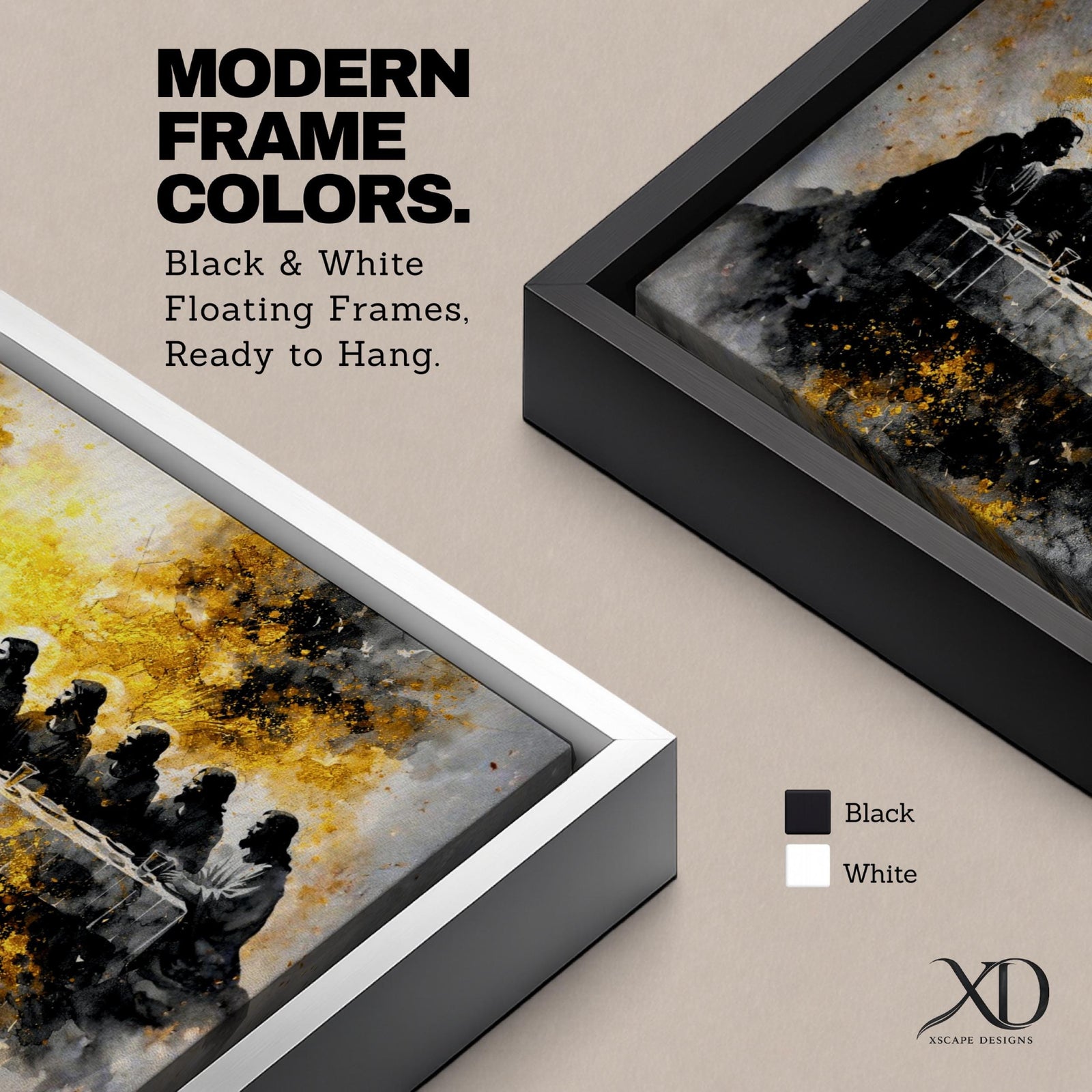 A dramatic panoramic interpretation of the Last Supper showing Jesus seated at the center with his apostles along a long table, rendered in a monochrome palette with striking gold accents and a radiant glowing aura behind Christ, creating a powerful and modern spiritual composition.
