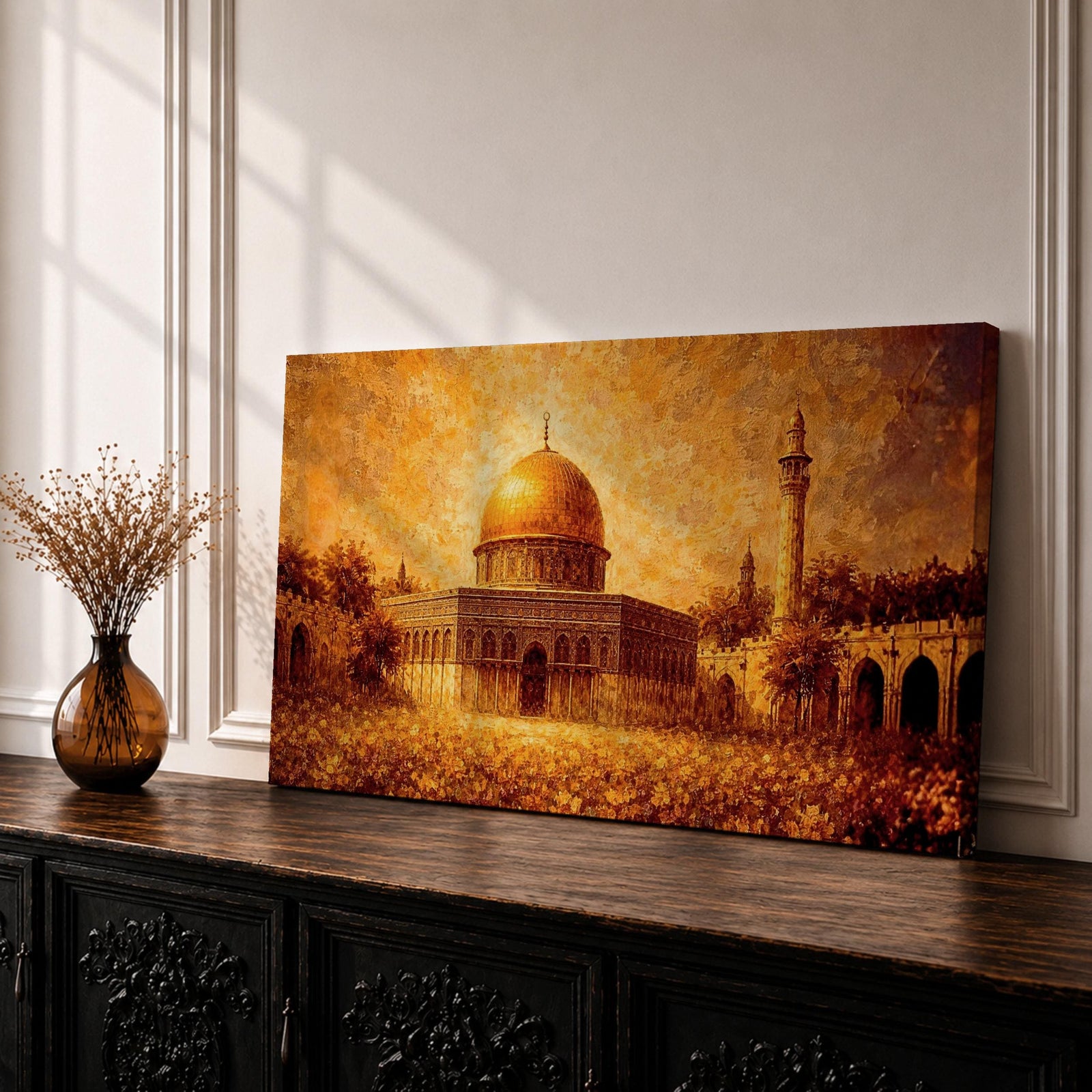 A panoramic abstract textured painting of the Dome of the Rock in Jerusalem featuring its radiant golden dome centered amid detailed stone architecture and a tall minaret, rendered with thick layered brushstrokes, warm earthy tones, and glowing light that creates depth, movement, and an expressive interpretation of historic Islamic architecture.
