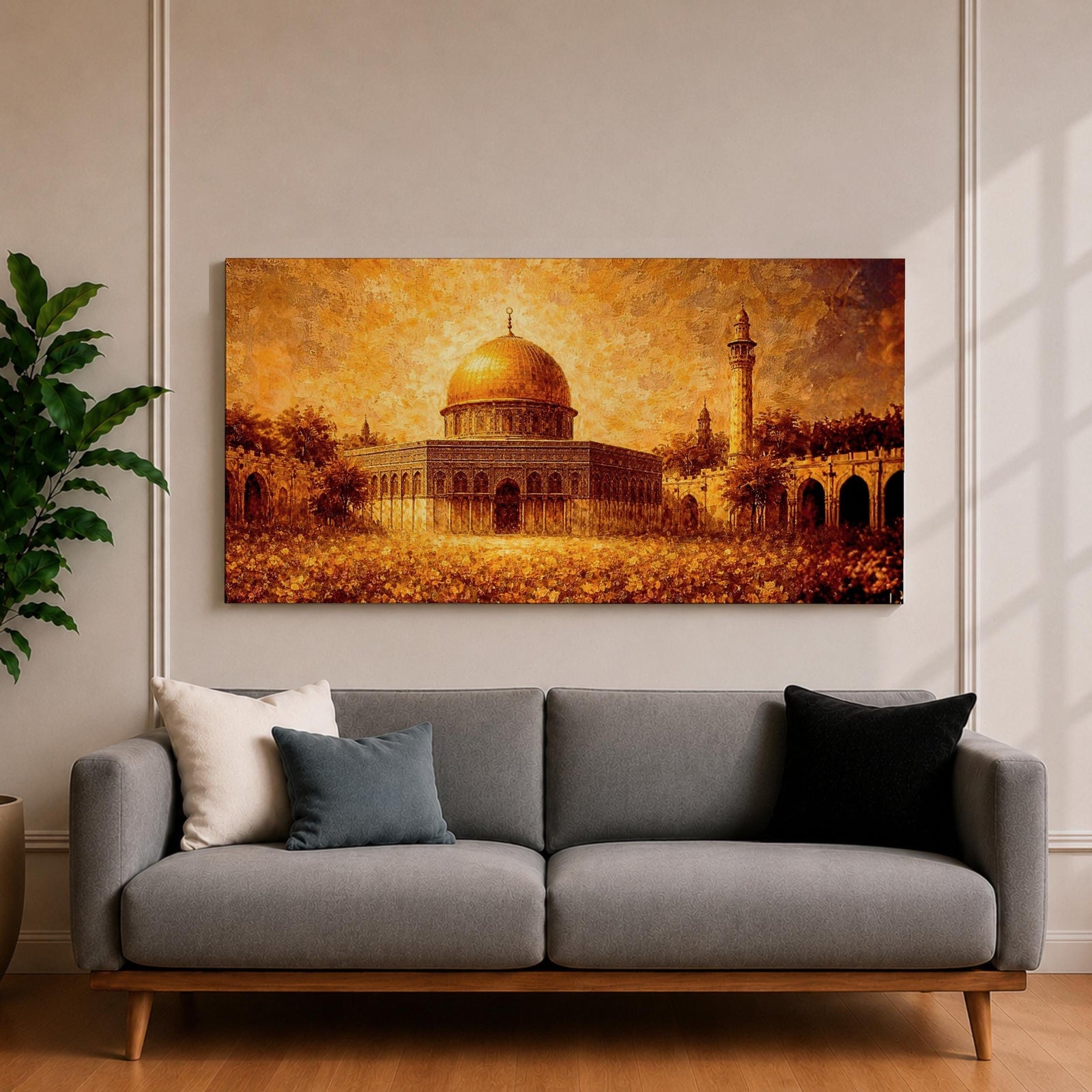 A panoramic abstract textured painting of the Dome of the Rock in Jerusalem featuring its radiant golden dome centered amid detailed stone architecture and a tall minaret, rendered with thick layered brushstrokes, warm earthy tones, and glowing light that creates depth, movement, and an expressive interpretation of historic Islamic architecture.