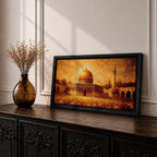 A panoramic abstract textured painting of the Dome of the Rock in Jerusalem featuring its radiant golden dome centered amid detailed stone architecture and a tall minaret, rendered with thick layered brushstrokes, warm earthy tones, and glowing light that creates depth, movement, and an expressive interpretation of historic Islamic architecture.