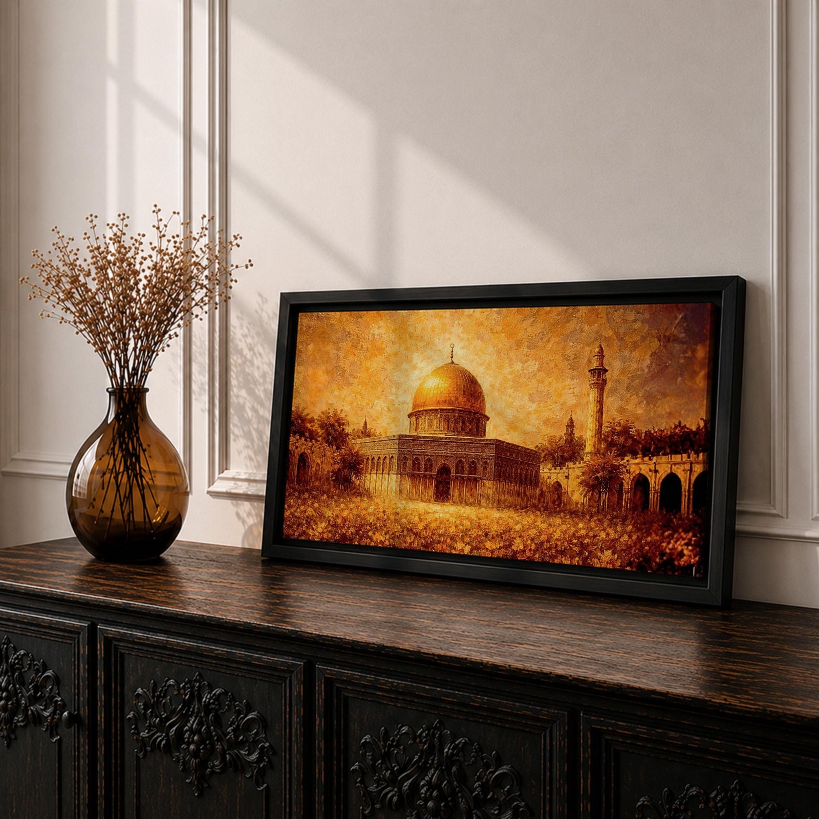 A panoramic abstract textured painting of the Dome of the Rock in Jerusalem featuring its radiant golden dome centered amid detailed stone architecture and a tall minaret, rendered with thick layered brushstrokes, warm earthy tones, and glowing light that creates depth, movement, and an expressive interpretation of historic Islamic architecture.