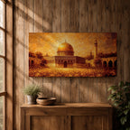 A panoramic abstract textured painting of the Dome of the Rock in Jerusalem featuring its radiant golden dome centered amid detailed stone architecture and a tall minaret, rendered with thick layered brushstrokes, warm earthy tones, and glowing light that creates depth, movement, and an expressive interpretation of historic Islamic architecture.