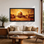 A panoramic abstract textured painting of the Dome of the Rock in Jerusalem featuring its radiant golden dome centered amid detailed stone architecture and a tall minaret, rendered with thick layered brushstrokes, warm earthy tones, and glowing light that creates depth, movement, and an expressive interpretation of historic Islamic architecture.