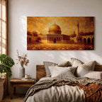 A panoramic abstract textured painting of the Dome of the Rock in Jerusalem featuring its radiant golden dome centered amid detailed stone architecture and a tall minaret, rendered with thick layered brushstrokes, warm earthy tones, and glowing light that creates depth, movement, and an expressive interpretation of historic Islamic architecture.