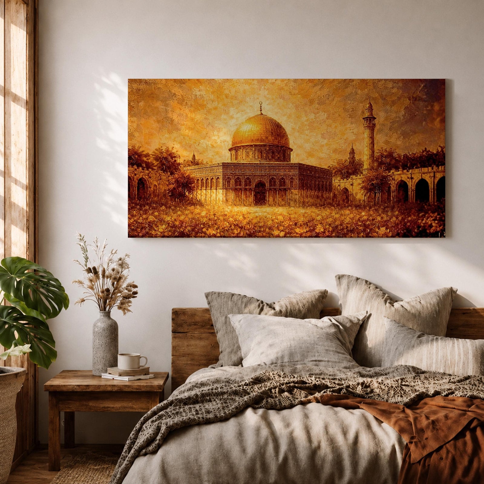A panoramic abstract textured painting of the Dome of the Rock in Jerusalem featuring its radiant golden dome centered amid detailed stone architecture and a tall minaret, rendered with thick layered brushstrokes, warm earthy tones, and glowing light that creates depth, movement, and an expressive interpretation of historic Islamic architecture.
