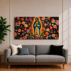A panoramic painting of the Virgin Mary of Guadalupe centered in prayer with a radiant golden aura, surrounded by dense vibrant floral patterns of roses and blossoms, rendered in bold colors and detailed decorative style that emphasizes symmetry, contrast, and a richly ornamented religious composition.