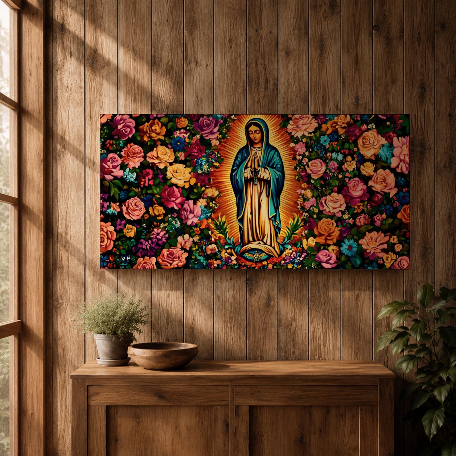 A panoramic painting of the Virgin Mary of Guadalupe centered in prayer with a radiant golden aura, surrounded by dense vibrant floral patterns of roses and blossoms, rendered in bold colors and detailed decorative style that emphasizes symmetry, contrast, and a richly ornamented religious composition.