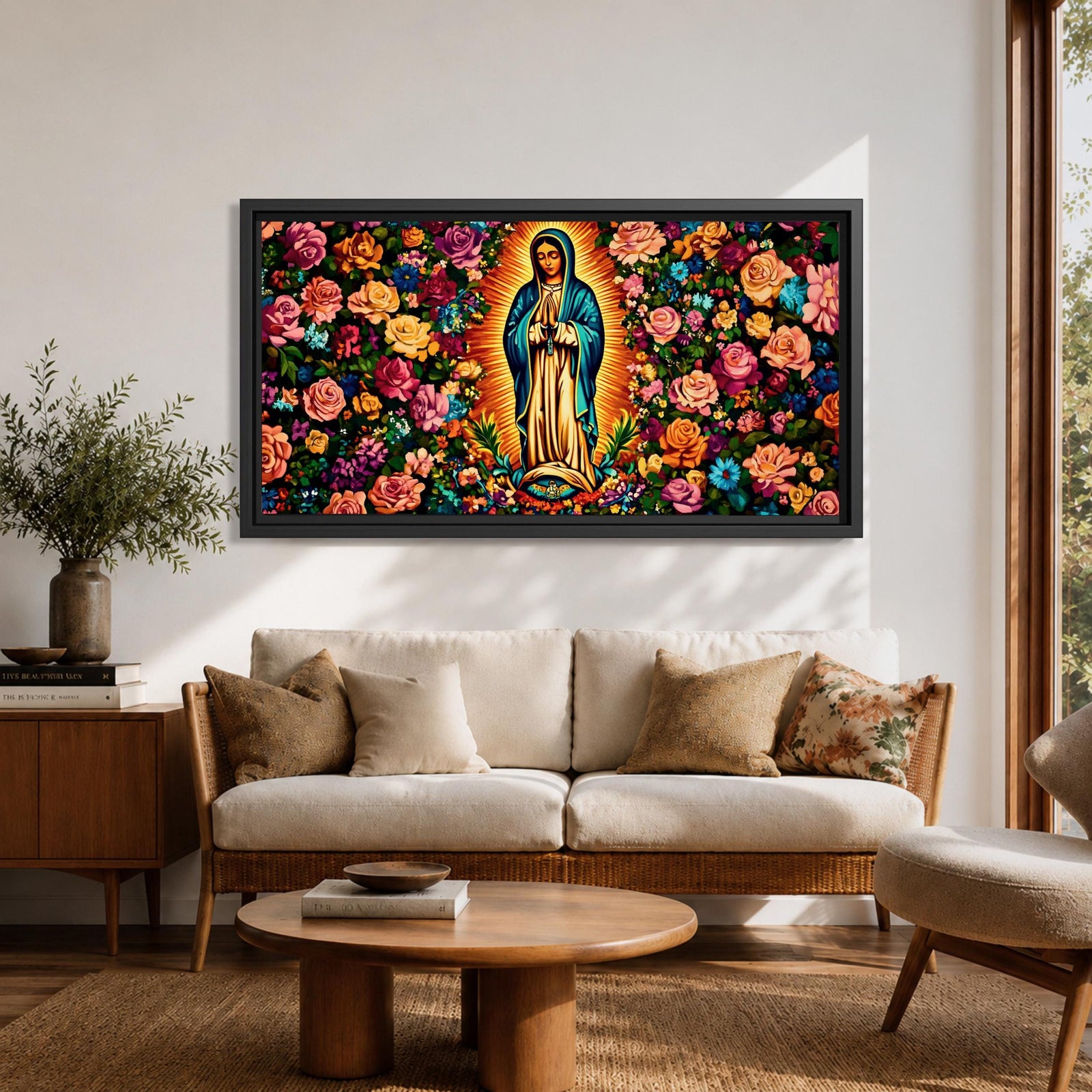 A panoramic painting of the Virgin Mary of Guadalupe centered in prayer with a radiant golden aura, surrounded by dense vibrant floral patterns of roses and blossoms, rendered in bold colors and detailed decorative style that emphasizes symmetry, contrast, and a richly ornamented religious composition.