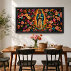 A panoramic painting of the Virgin Mary of Guadalupe centered in prayer with a radiant golden aura, surrounded by dense vibrant floral patterns of roses and blossoms, rendered in bold colors and detailed decorative style that emphasizes symmetry, contrast, and a richly ornamented religious composition.