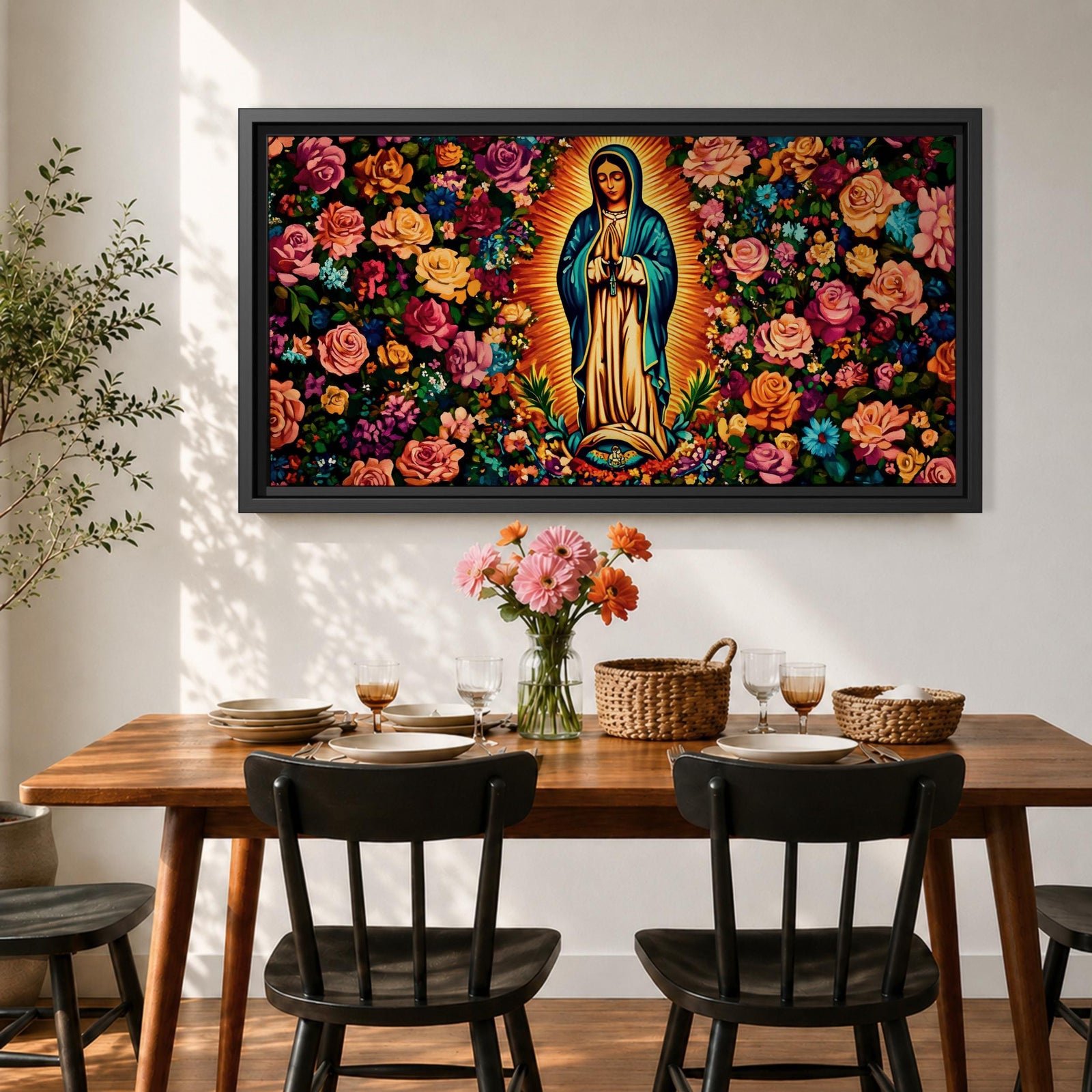 A panoramic painting of the Virgin Mary of Guadalupe centered in prayer with a radiant golden aura, surrounded by dense vibrant floral patterns of roses and blossoms, rendered in bold colors and detailed decorative style that emphasizes symmetry, contrast, and a richly ornamented religious composition.