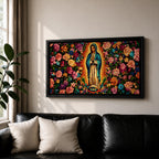 A panoramic painting of the Virgin Mary of Guadalupe centered in prayer with a radiant golden aura, surrounded by dense vibrant floral patterns of roses and blossoms, rendered in bold colors and detailed decorative style that emphasizes symmetry, contrast, and a richly ornamented religious composition.