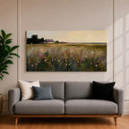 A panoramic painting of a countryside meadow filled with delicate wildflowers, leading toward a small cottage near a reflective pond, rendered in a soft impressionistic style with textured brushstrokes, muted earthy tones, and gentle light creating depth across a wide landscape composition.