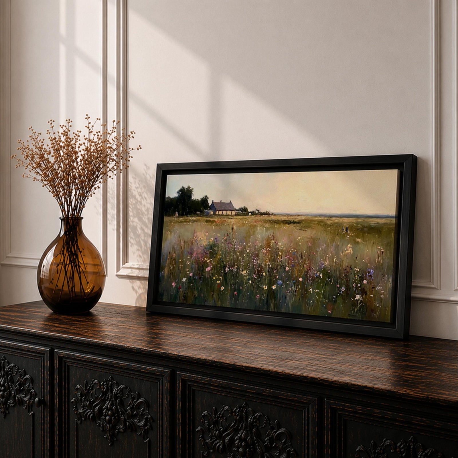 A panoramic painting of a countryside meadow filled with delicate wildflowers, leading toward a small cottage near a reflective pond, rendered in a soft impressionistic style with textured brushstrokes, muted earthy tones, and gentle light creating depth across a wide landscape composition.