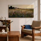 A panoramic painting of a countryside meadow filled with delicate wildflowers, leading toward a small cottage near a reflective pond, rendered in a soft impressionistic style with textured brushstrokes, muted earthy tones, and gentle light creating depth across a wide landscape composition.