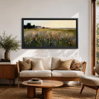 A panoramic painting of a countryside meadow filled with delicate wildflowers, leading toward a small cottage near a reflective pond, rendered in a soft impressionistic style with textured brushstrokes, muted earthy tones, and gentle light creating depth across a wide landscape composition.