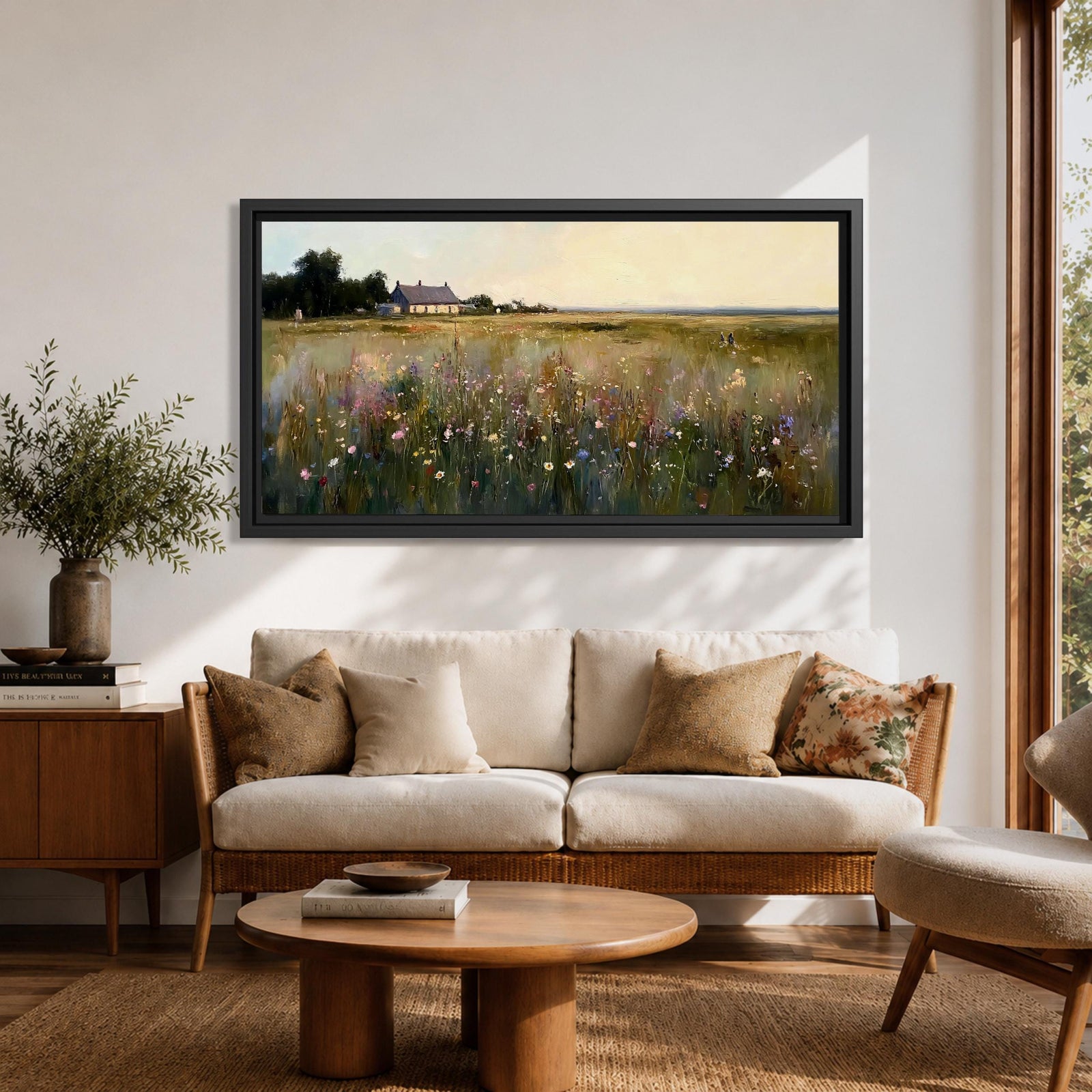 A panoramic painting of a countryside meadow filled with delicate wildflowers, leading toward a small cottage near a reflective pond, rendered in a soft impressionistic style with textured brushstrokes, muted earthy tones, and gentle light creating depth across a wide landscape composition.