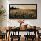 A panoramic painting of a countryside meadow filled with delicate wildflowers, leading toward a small cottage near a reflective pond, rendered in a soft impressionistic style with textured brushstrokes, muted earthy tones, and gentle light creating depth across a wide landscape composition.