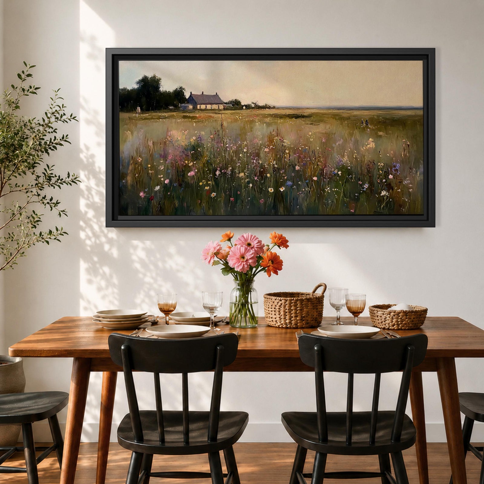 A panoramic painting of a countryside meadow filled with delicate wildflowers, leading toward a small cottage near a reflective pond, rendered in a soft impressionistic style with textured brushstrokes, muted earthy tones, and gentle light creating depth across a wide landscape composition.