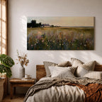 A panoramic painting of a countryside meadow filled with delicate wildflowers, leading toward a small cottage near a reflective pond, rendered in a soft impressionistic style with textured brushstrokes, muted earthy tones, and gentle light creating depth across a wide landscape composition.