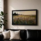 A panoramic painting of a countryside meadow filled with delicate wildflowers, leading toward a small cottage near a reflective pond, rendered in a soft impressionistic style with textured brushstrokes, muted earthy tones, and gentle light creating depth across a wide landscape composition.