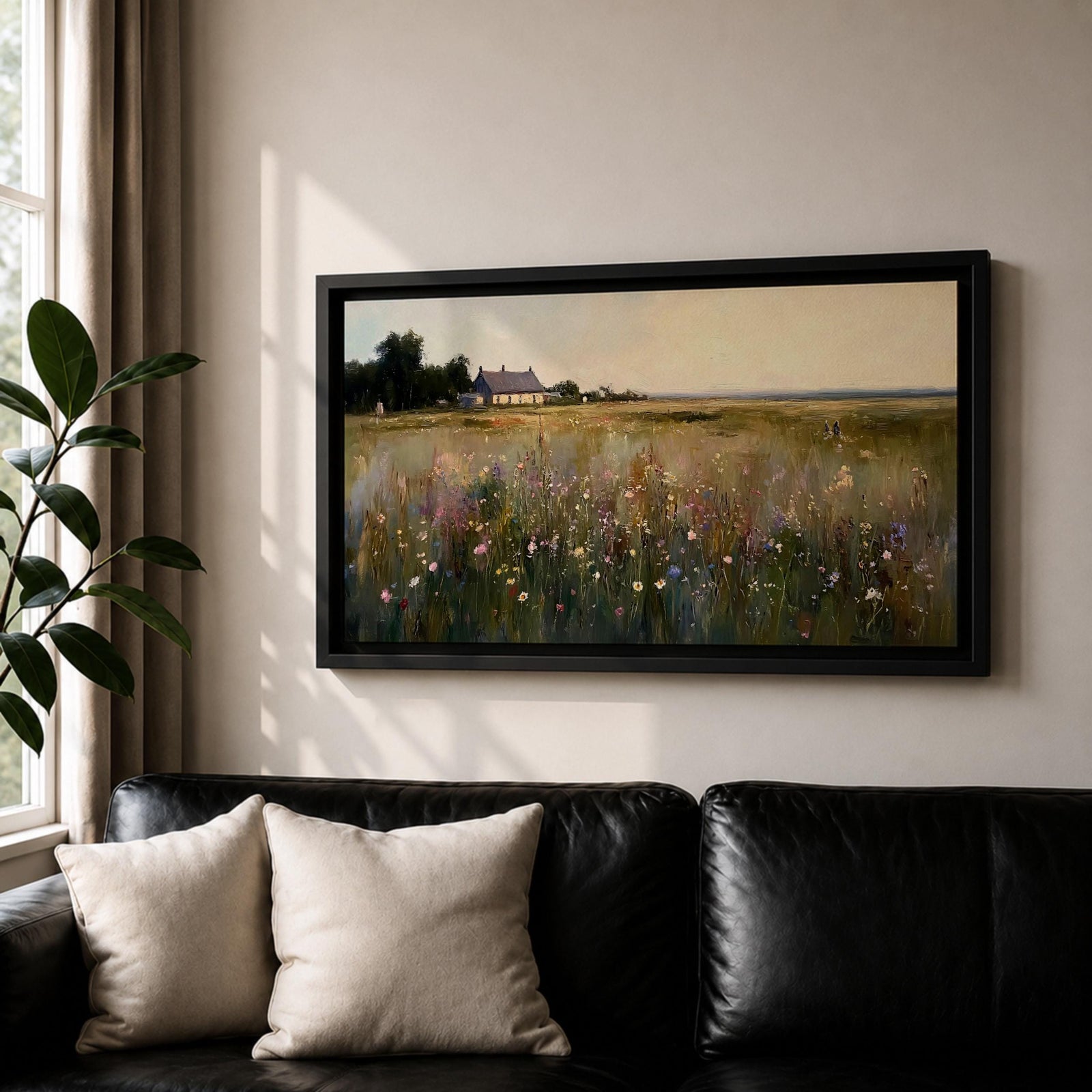 A panoramic painting of a countryside meadow filled with delicate wildflowers, leading toward a small cottage near a reflective pond, rendered in a soft impressionistic style with textured brushstrokes, muted earthy tones, and gentle light creating depth across a wide landscape composition.