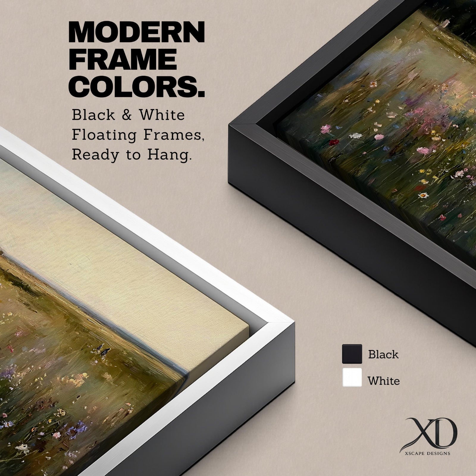 A panoramic painting of a countryside meadow filled with delicate wildflowers, leading toward a small cottage near a reflective pond, rendered in a soft impressionistic style with textured brushstrokes, muted earthy tones, and gentle light creating depth across a wide landscape composition.