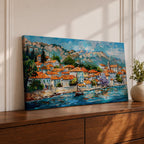 A panoramic painting of a Mediterranean coastal village with terracotta rooftops, colorful homes, and a calm harbor with a sailboat, set against mountains and a bright blue sky, rendered in a textured impressionistic style with vibrant colors.