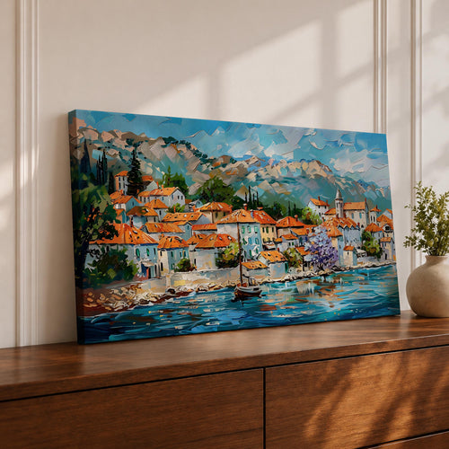 A panoramic painting of a Mediterranean coastal village with terracotta rooftops, colorful homes, and a calm harbor with a sailboat, set against mountains and a bright blue sky, rendered in a textured impressionistic style with vibrant colors.