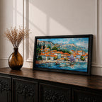 A panoramic painting of a Mediterranean coastal village with terracotta rooftops, colorful homes, and a calm harbor with a sailboat, set against mountains and a bright blue sky, rendered in a textured impressionistic style with vibrant colors.