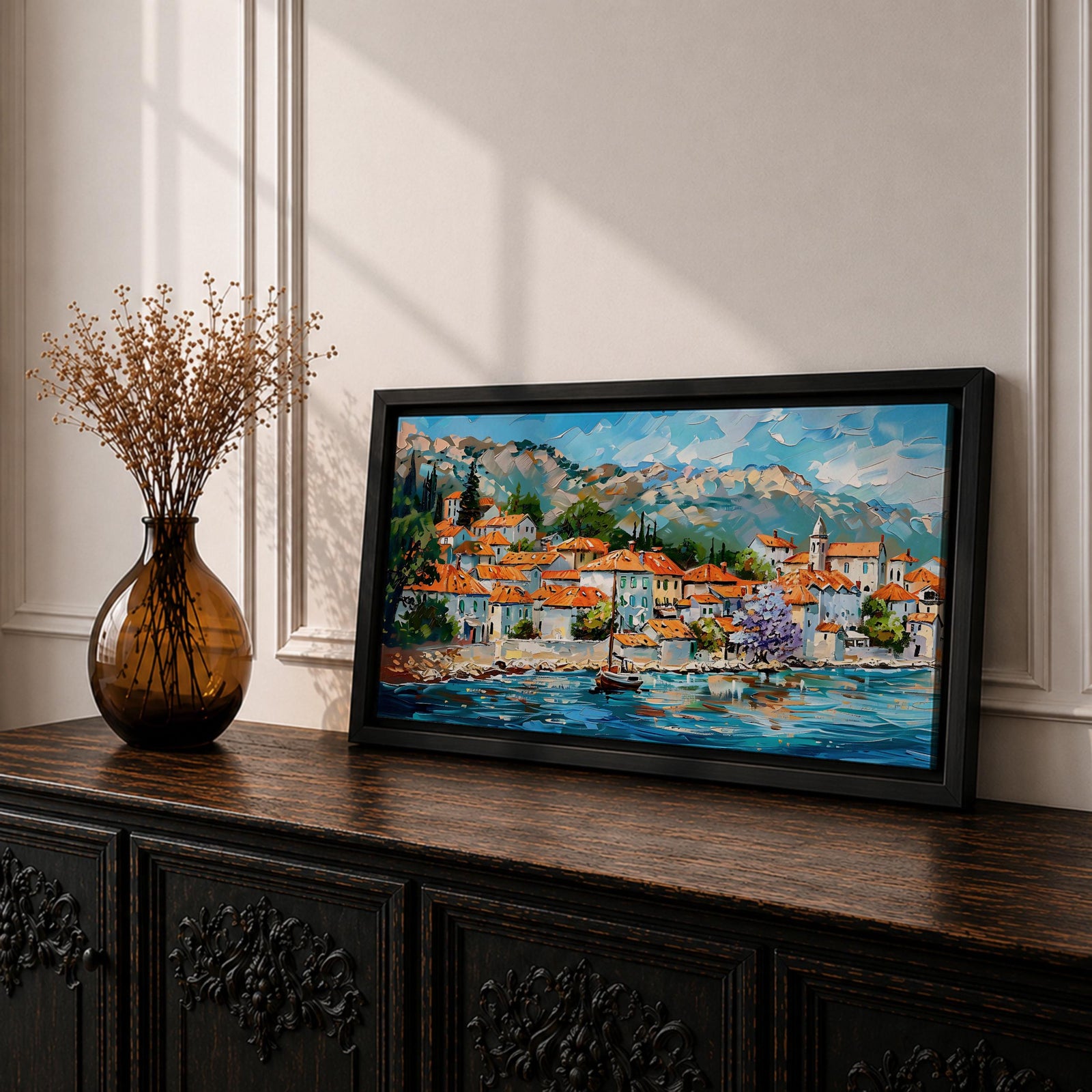 A panoramic painting of a Mediterranean coastal village with terracotta rooftops, colorful homes, and a calm harbor with a sailboat, set against mountains and a bright blue sky, rendered in a textured impressionistic style with vibrant colors.