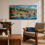 A panoramic painting of a Mediterranean coastal village with terracotta rooftops, colorful homes, and a calm harbor with a sailboat, set against mountains and a bright blue sky, rendered in a textured impressionistic style with vibrant colors.