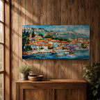 A panoramic painting of a Mediterranean coastal village with terracotta rooftops, colorful homes, and a calm harbor with a sailboat, set against mountains and a bright blue sky, rendered in a textured impressionistic style with vibrant colors.