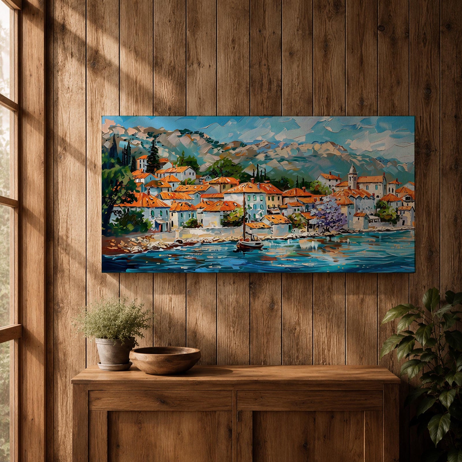 A panoramic painting of a Mediterranean coastal village with terracotta rooftops, colorful homes, and a calm harbor with a sailboat, set against mountains and a bright blue sky, rendered in a textured impressionistic style with vibrant colors.