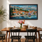 A panoramic painting of a Mediterranean coastal village with terracotta rooftops, colorful homes, and a calm harbor with a sailboat, set against mountains and a bright blue sky, rendered in a textured impressionistic style with vibrant colors.