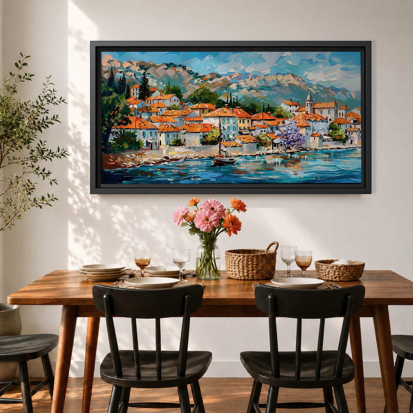 A panoramic painting of a Mediterranean coastal village with terracotta rooftops, colorful homes, and a calm harbor with a sailboat, set against mountains and a bright blue sky, rendered in a textured impressionistic style with vibrant colors.