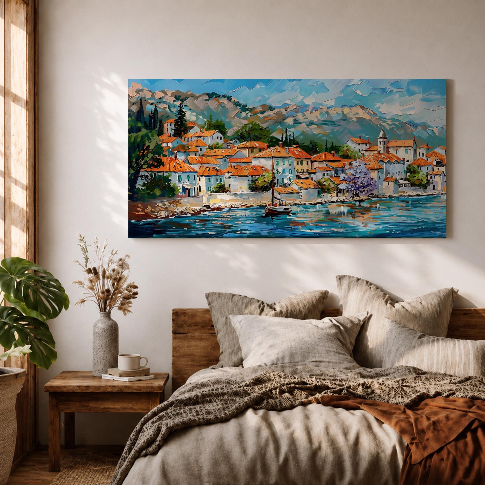 A panoramic painting of a Mediterranean coastal village with terracotta rooftops, colorful homes, and a calm harbor with a sailboat, set against mountains and a bright blue sky, rendered in a textured impressionistic style with vibrant colors.