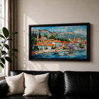 A panoramic painting of a Mediterranean coastal village with terracotta rooftops, colorful homes, and a calm harbor with a sailboat, set against mountains and a bright blue sky, rendered in a textured impressionistic style with vibrant colors.