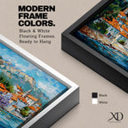 A panoramic painting of a Mediterranean coastal village with terracotta rooftops, colorful homes, and a calm harbor with a sailboat, set against mountains and a bright blue sky, rendered in a textured impressionistic style with vibrant colors.
