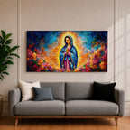 A panoramic devotional painting of Mary of Guadalupe standing in prayer with hands clasped, draped in a blue mantle with delicate star patterns and surrounded by a radiant golden aura, set against a richly textured background of deep blues, warm tones, and blooming roses that create a luminous and reverent composition.