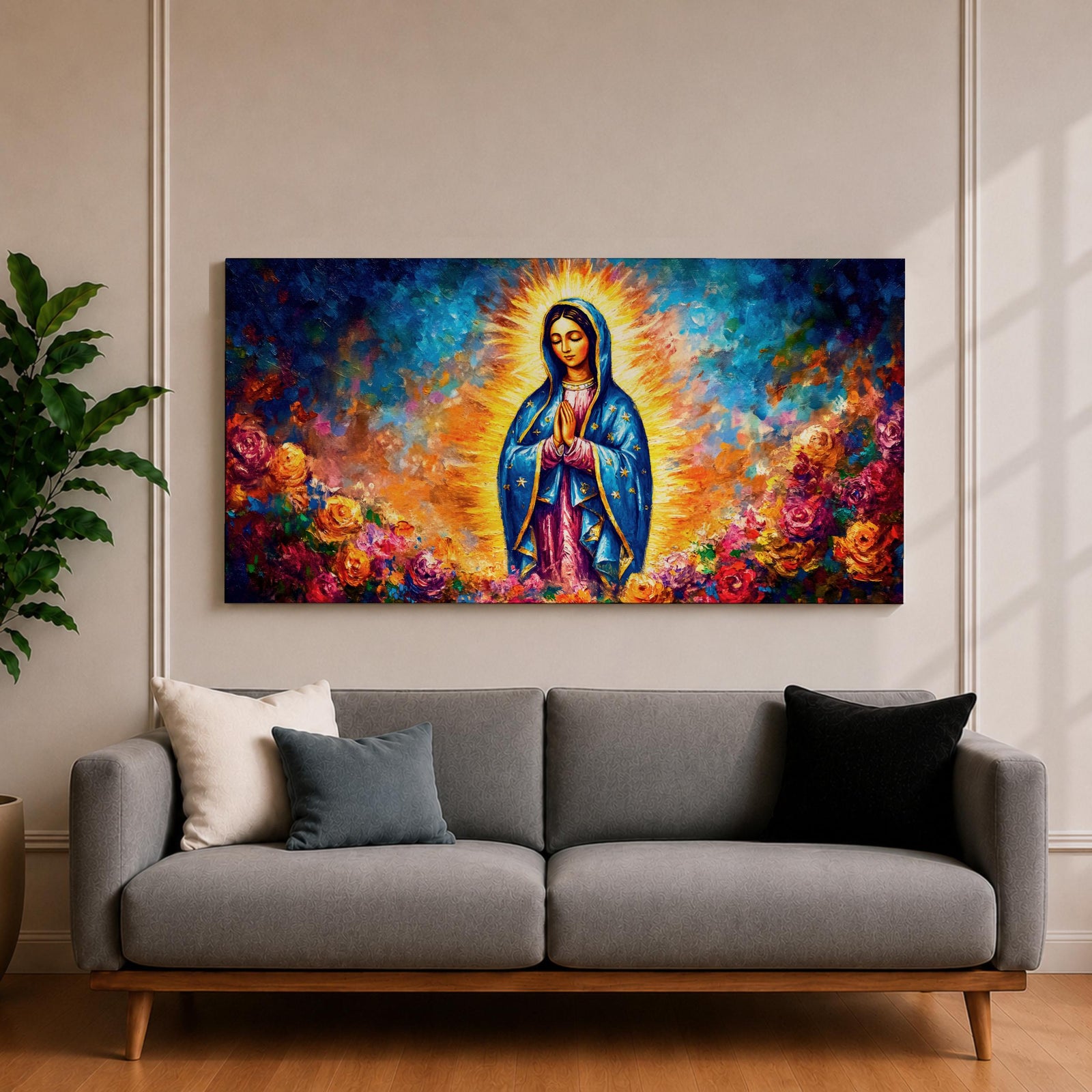 A panoramic devotional painting of Mary of Guadalupe standing in prayer with hands clasped, draped in a blue mantle with delicate star patterns and surrounded by a radiant golden aura, set against a richly textured background of deep blues, warm tones, and blooming roses that create a luminous and reverent composition.