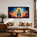 A panoramic devotional painting of Mary of Guadalupe standing in prayer with hands clasped, draped in a blue mantle with delicate star patterns and surrounded by a radiant golden aura, set against a richly textured background of deep blues, warm tones, and blooming roses that create a luminous and reverent composition.