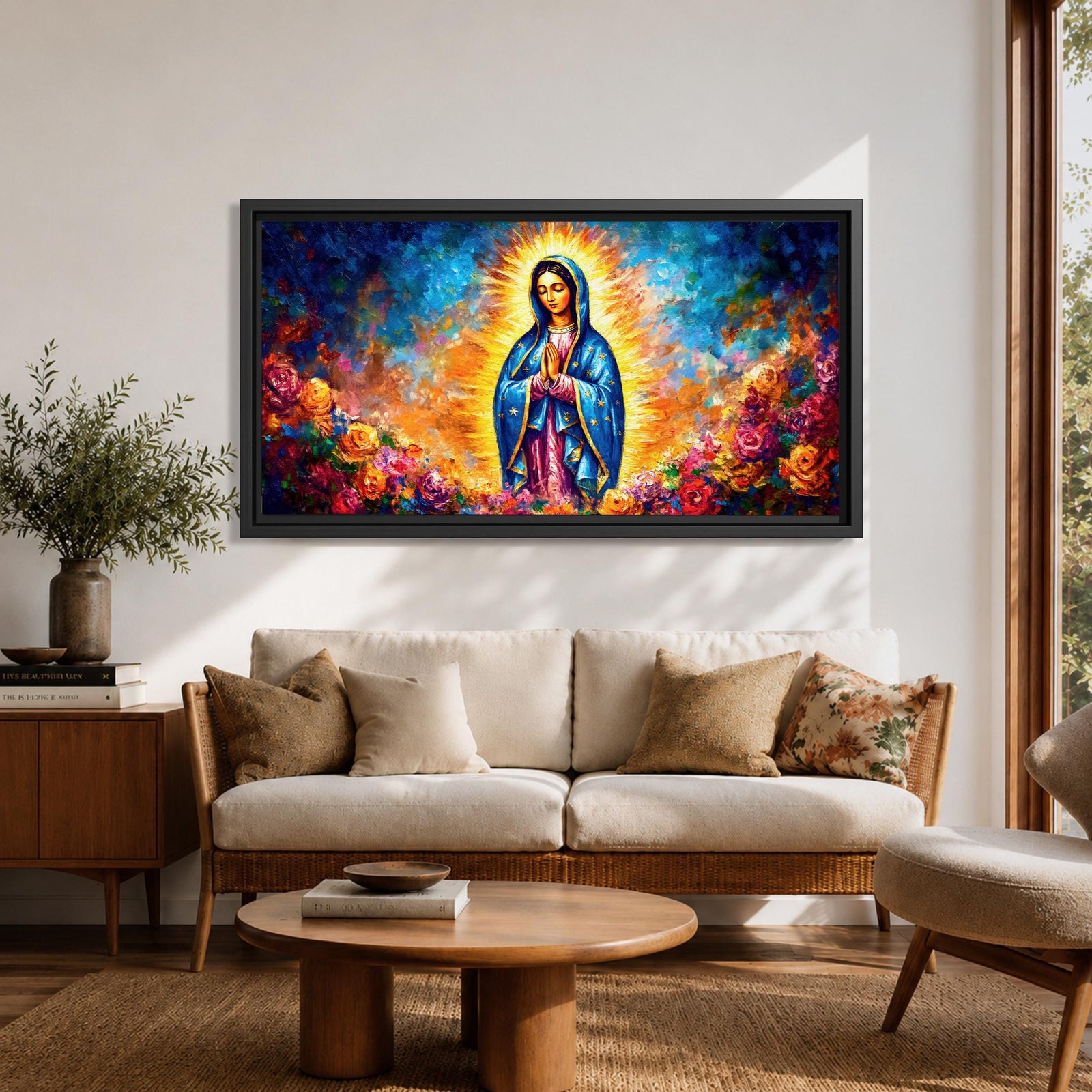 A panoramic devotional painting of Mary of Guadalupe standing in prayer with hands clasped, draped in a blue mantle with delicate star patterns and surrounded by a radiant golden aura, set against a richly textured background of deep blues, warm tones, and blooming roses that create a luminous and reverent composition.