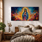 A panoramic devotional painting of Mary of Guadalupe standing in prayer with hands clasped, draped in a blue mantle with delicate star patterns and surrounded by a radiant golden aura, set against a richly textured background of deep blues, warm tones, and blooming roses that create a luminous and reverent composition.