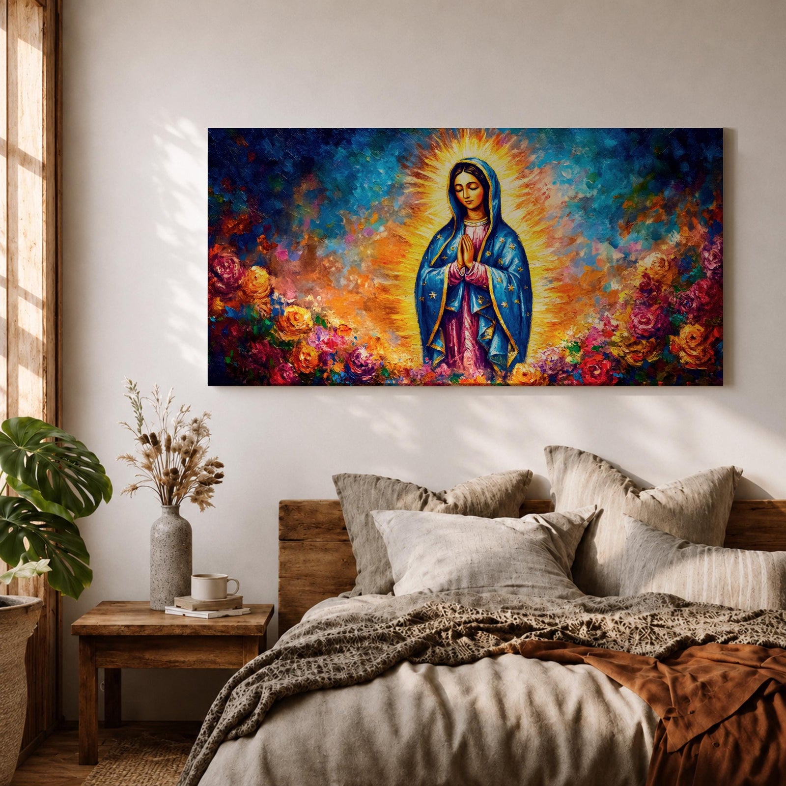 A panoramic devotional painting of Mary of Guadalupe standing in prayer with hands clasped, draped in a blue mantle with delicate star patterns and surrounded by a radiant golden aura, set against a richly textured background of deep blues, warm tones, and blooming roses that create a luminous and reverent composition.