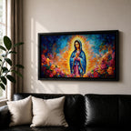A panoramic devotional painting of Mary of Guadalupe standing in prayer with hands clasped, draped in a blue mantle with delicate star patterns and surrounded by a radiant golden aura, set against a richly textured background of deep blues, warm tones, and blooming roses that create a luminous and reverent composition.