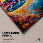 A panoramic devotional painting of Mary of Guadalupe standing in prayer with hands clasped, draped in a blue mantle with delicate star patterns and surrounded by a radiant golden aura, set against a richly textured background of deep blues, warm tones, and blooming roses that create a luminous and reverent composition.