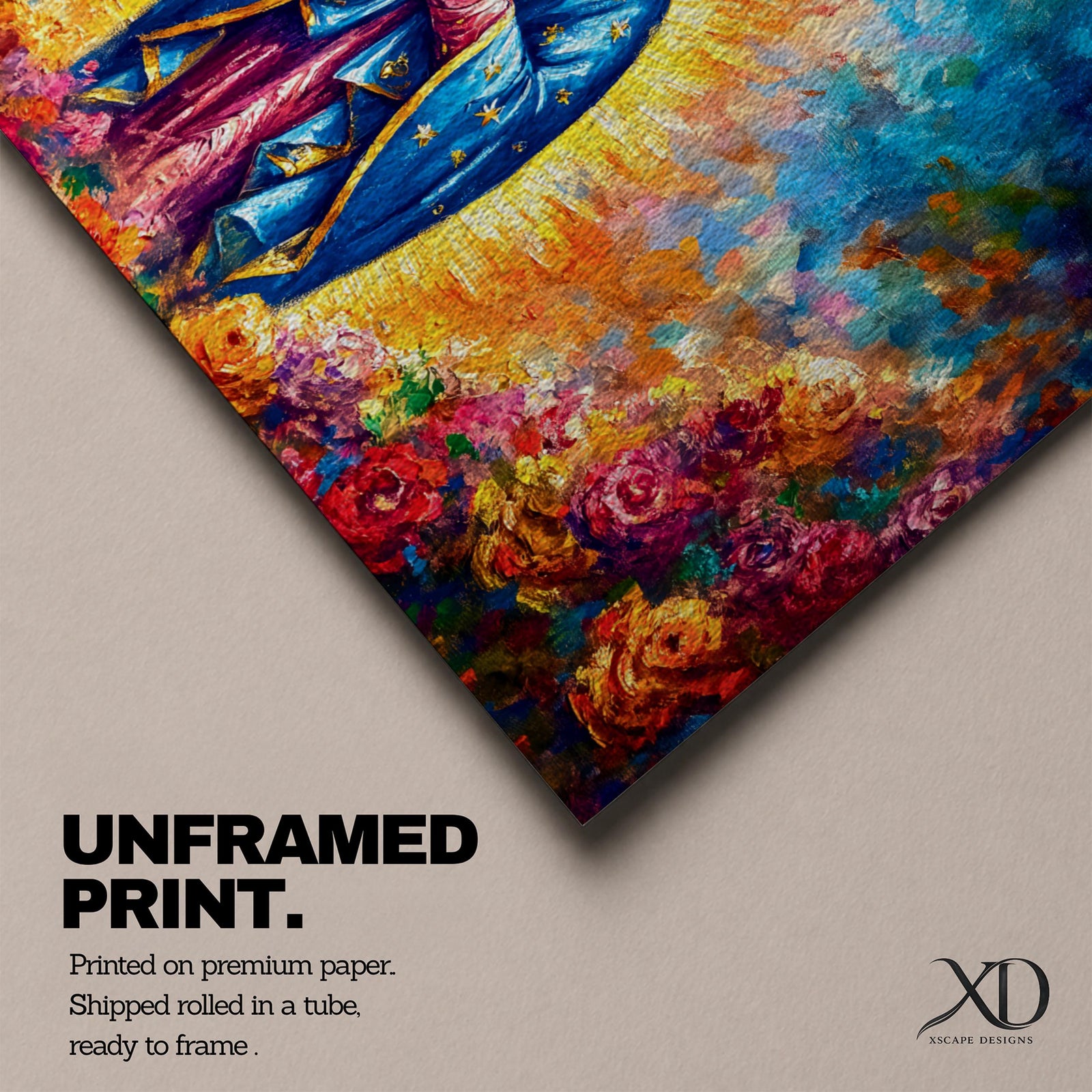 A panoramic devotional painting of Mary of Guadalupe standing in prayer with hands clasped, draped in a blue mantle with delicate star patterns and surrounded by a radiant golden aura, set against a richly textured background of deep blues, warm tones, and blooming roses that create a luminous and reverent composition.